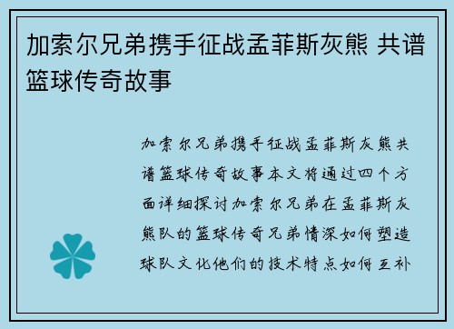 加索尔兄弟携手征战孟菲斯灰熊 共谱篮球传奇故事